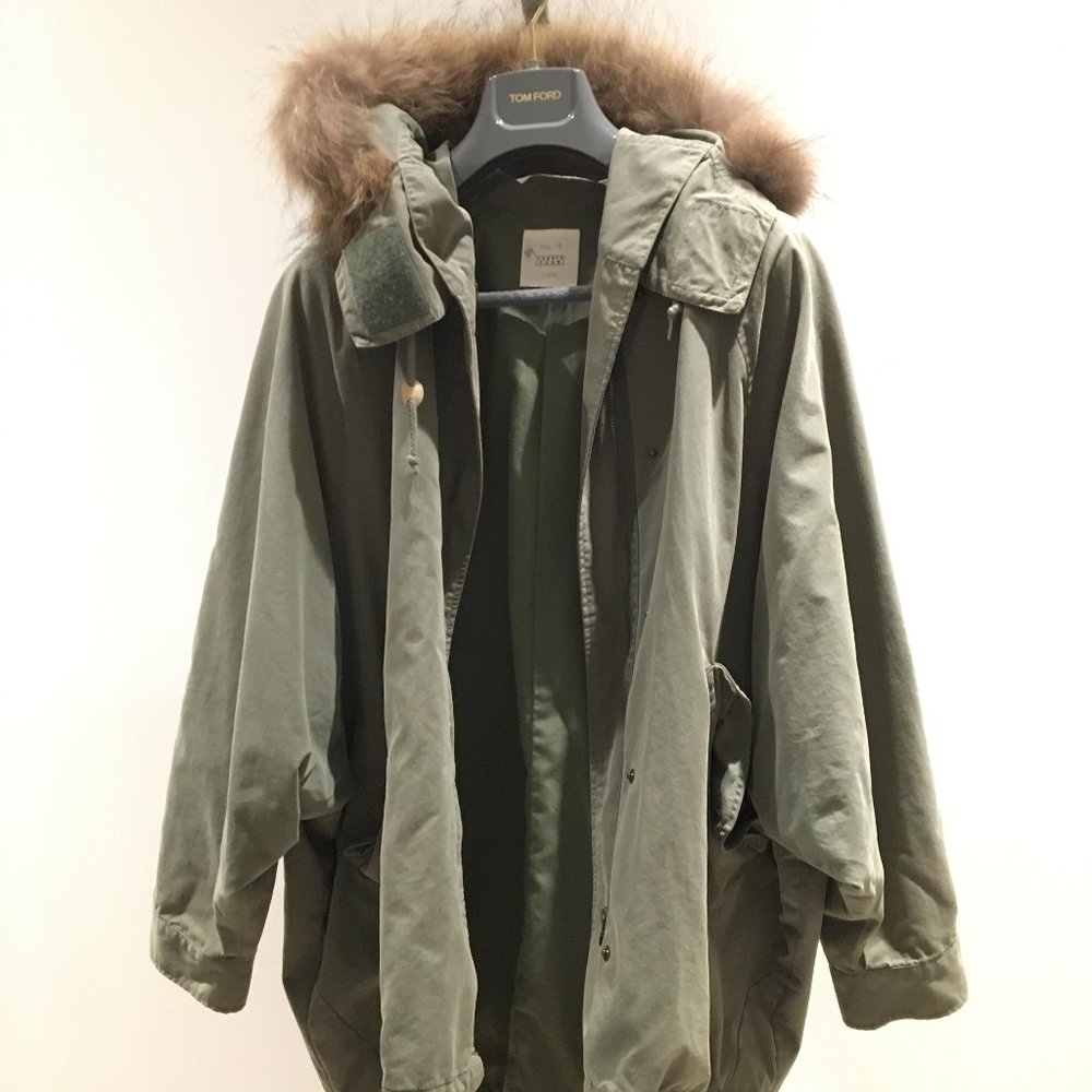 Lowrys Farm Japanese brand - oversized khaki green thin jacket with fur hood